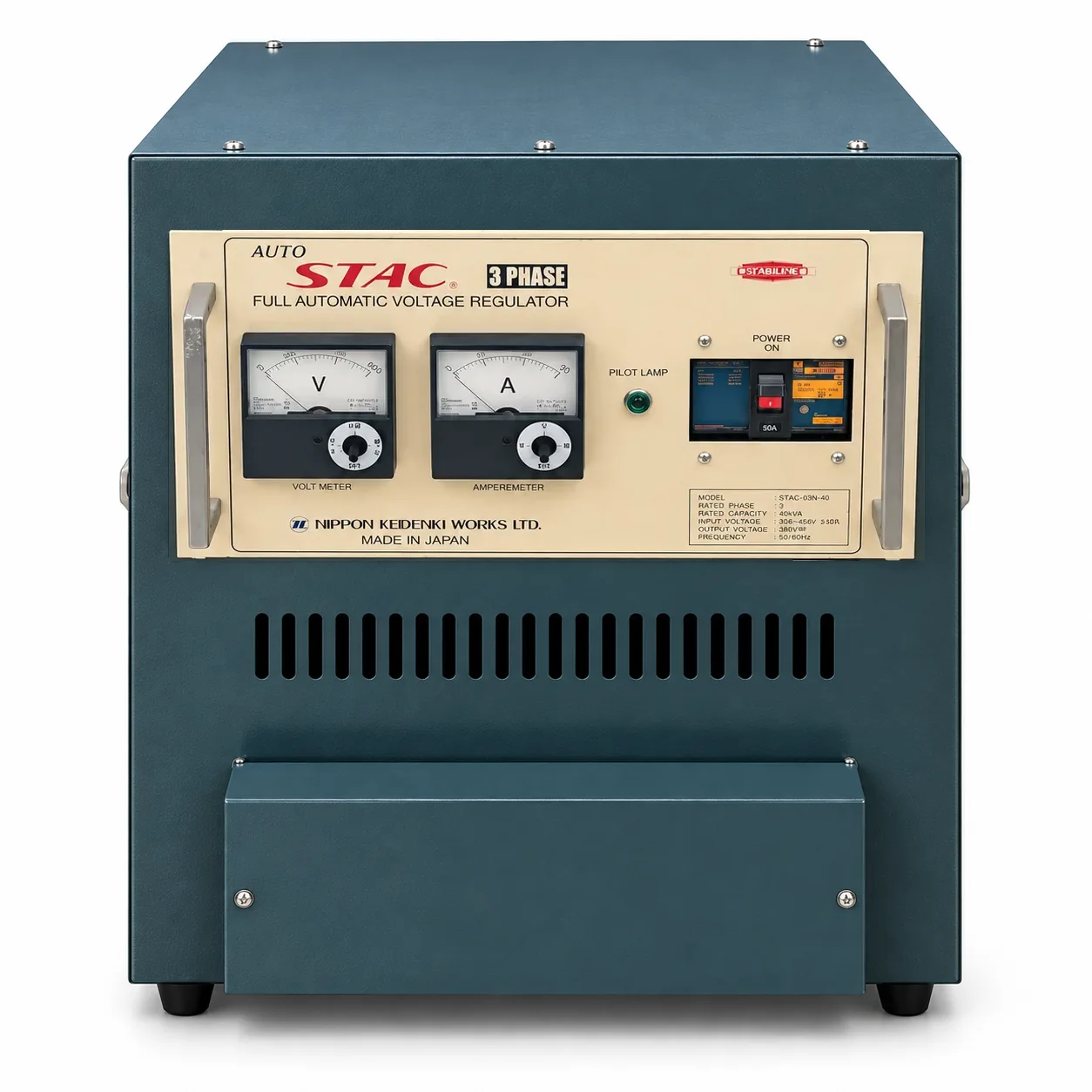 Three-phase AUTO STAC floor-standing voltage stabilizer on a neutral studio background, with rating to be confirmed