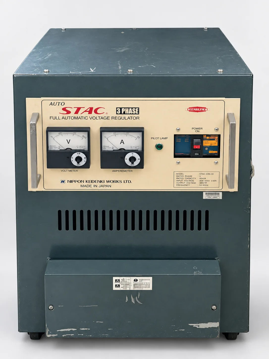 Three-phase AUTO STAC floor-standing voltage stabilizer on a neutral studio background, with rating to be confirmed